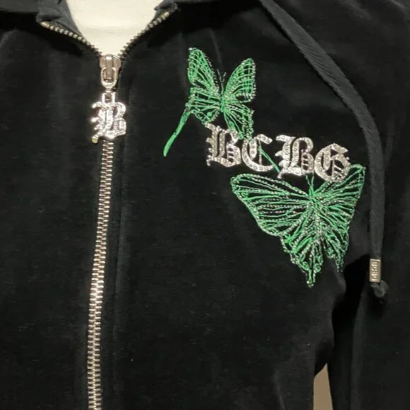 BCBG Maxazria Black Velour Hoodie With Green Butterflies, Size Large, Full Zip - Picture 3 of 13